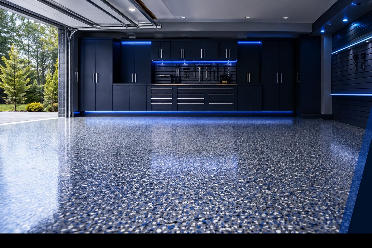 Residential garage in Champaign County, IL finished with a blue and gray flake epoxy floor