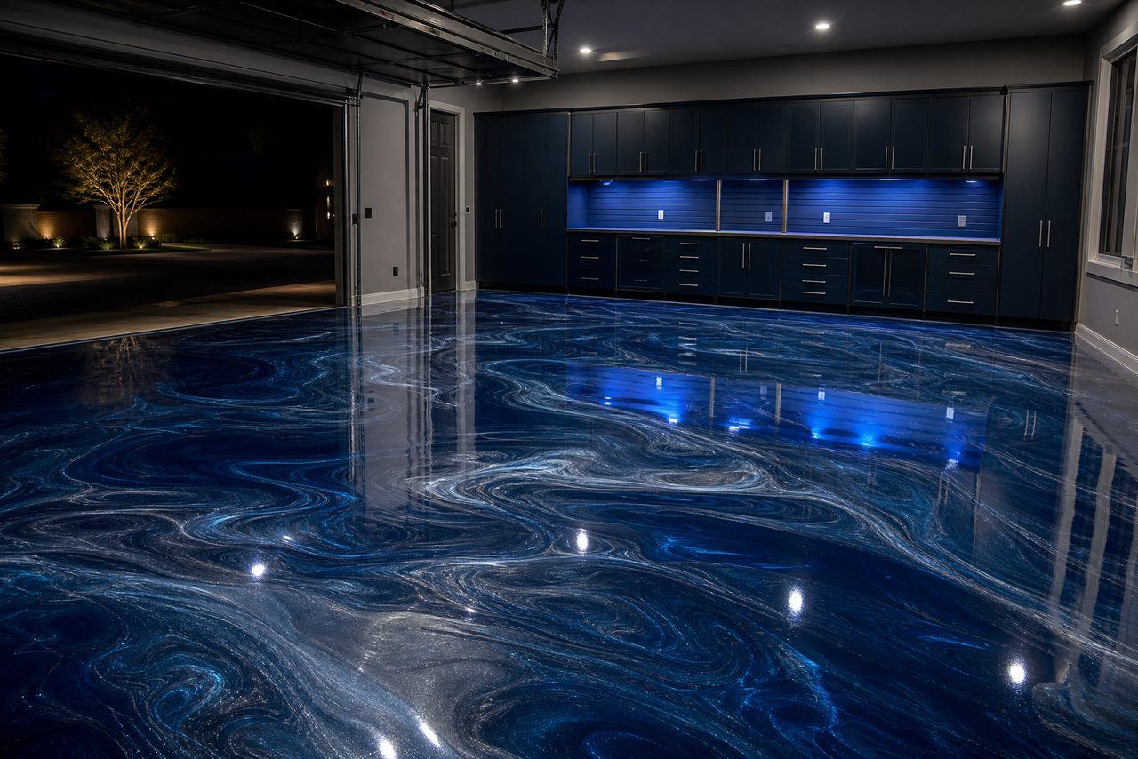 Residential garage with a deep blue and silver metallic epoxy floor under accent lighting