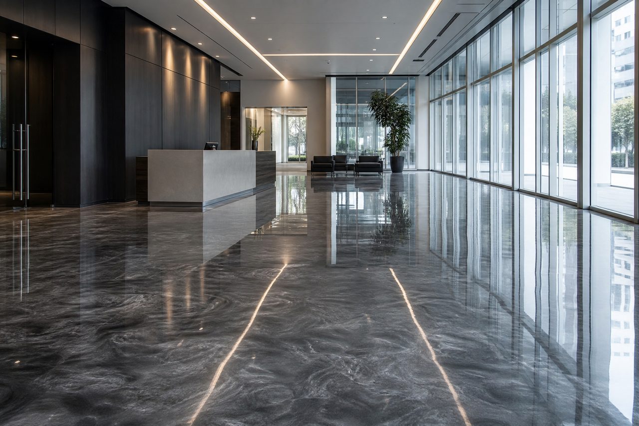 Commercial office lobby with a charcoal and silver metallic epoxy floor