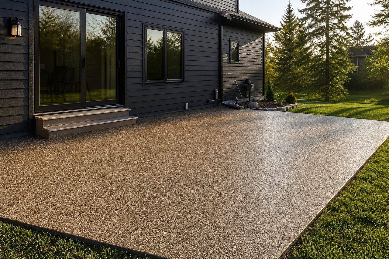 Open backyard patio slab coated in tan and brown flake epoxy