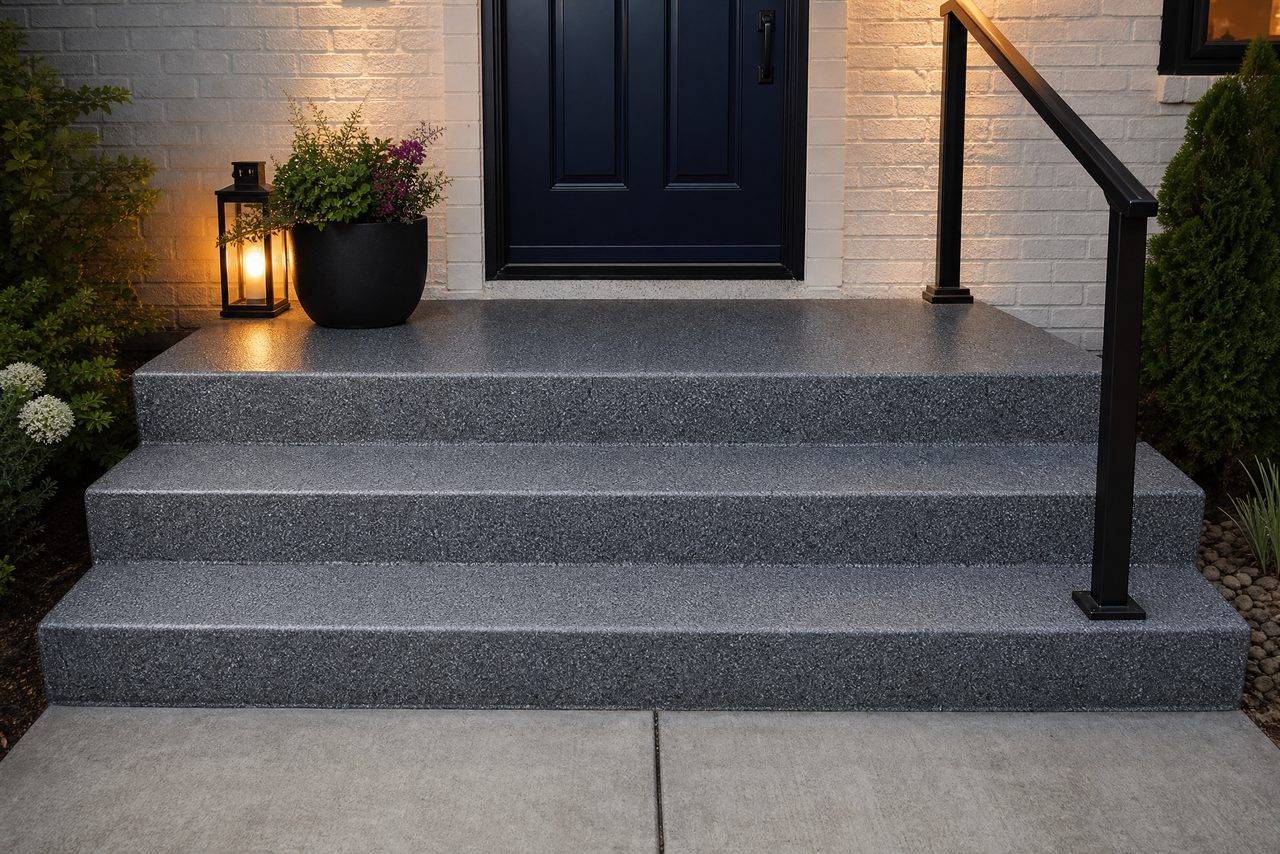 Exterior concrete front entry steps coated in dark gray flake epoxy